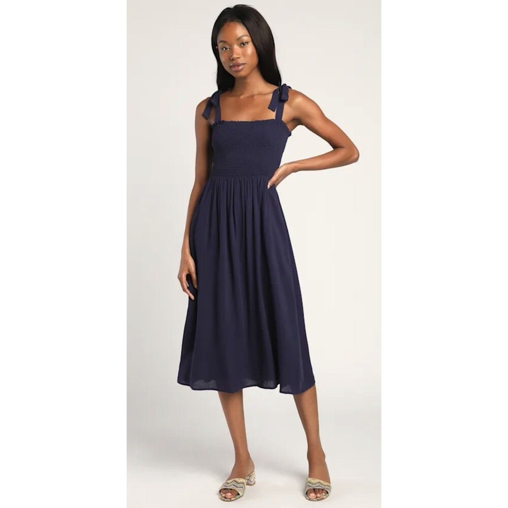 Lulus Navy Smocked Tie Strap Square Neck Sleeveless Midi Dress Medium